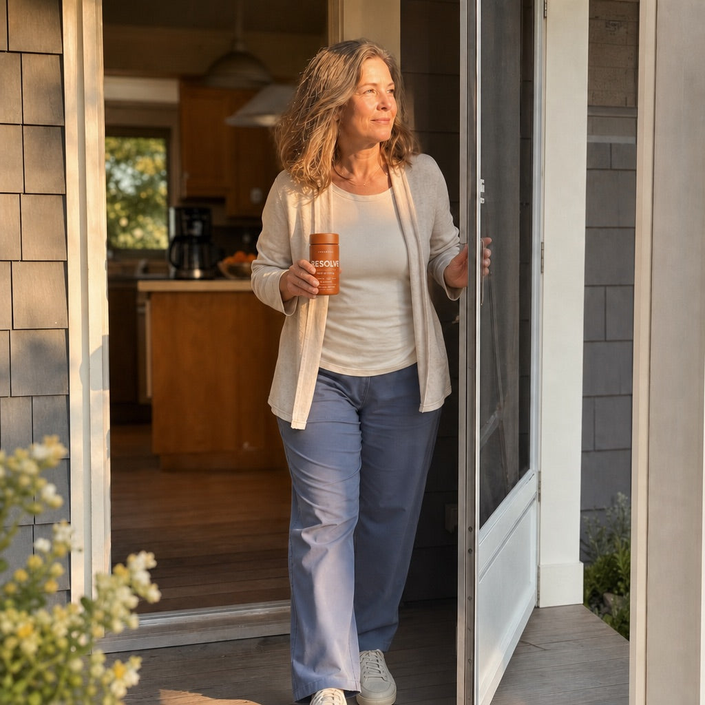 Stepping out the door in the morning light with Resolve in hand