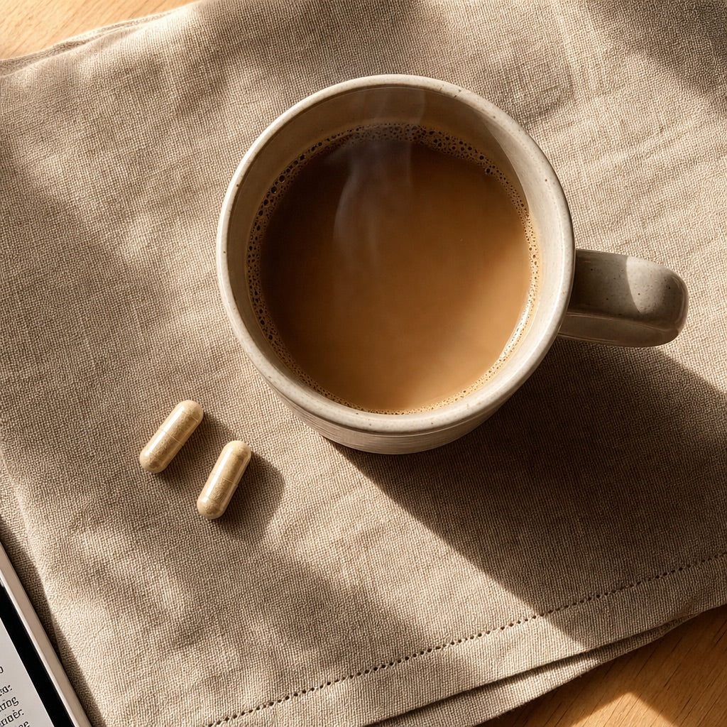 Two capsules beside a morning coffee