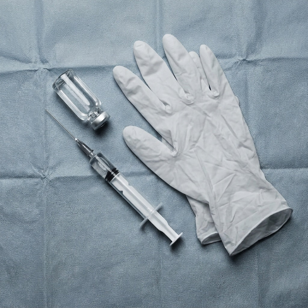 Cortisone syringe, vial and gloves